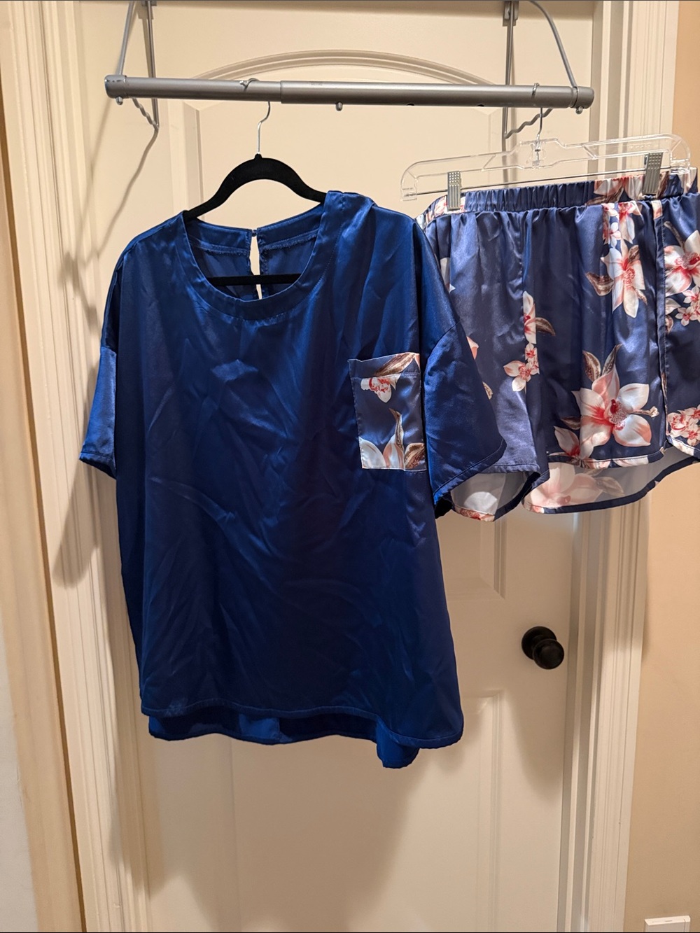 Blue Satin Short Sleeve Pajama Set with Floral Accents
